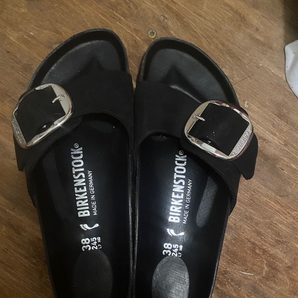 Birkenstock Black Slides with Metallic Buckles